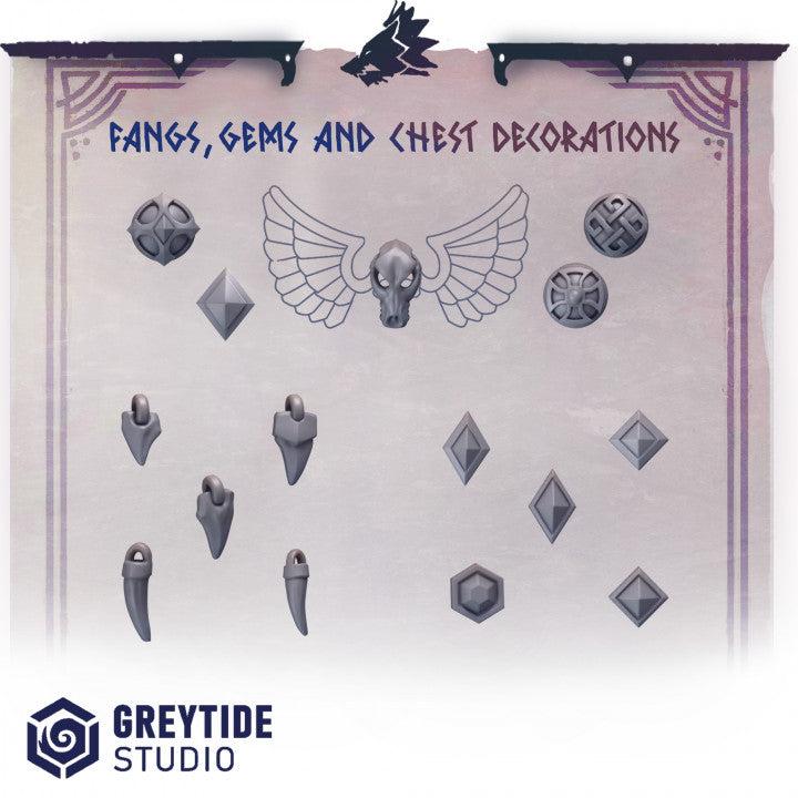 Greytide studio Fang, Gems and chest decorations